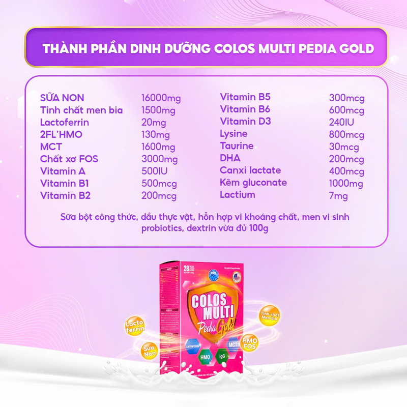 Thành phần dinh dưỡng Colos Multi Pedia Gold